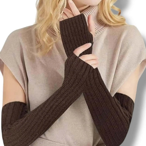 Knitted Long Arm Warmers Gloves — dark brown or black rib knit long fingerless arm warmers with thumb hole, 19.5" length