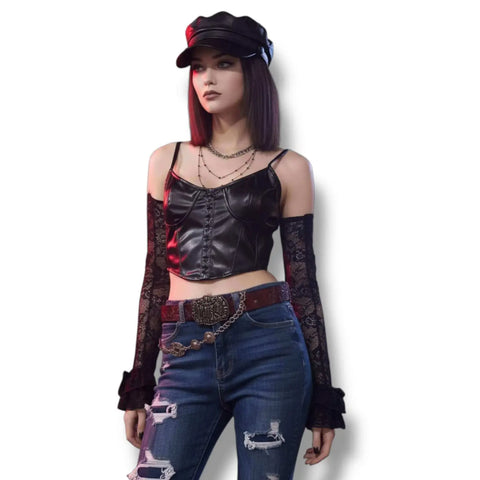 Black Lace Ruffle Arm Covers Extra Long Sleeves worn with a black crop top and distressed jeans for a stylish look.