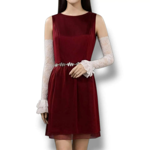 Model wearing white Lace Ruffle Arm Covers Extra Long Sleeves with a burgundy dress for an elegant look.