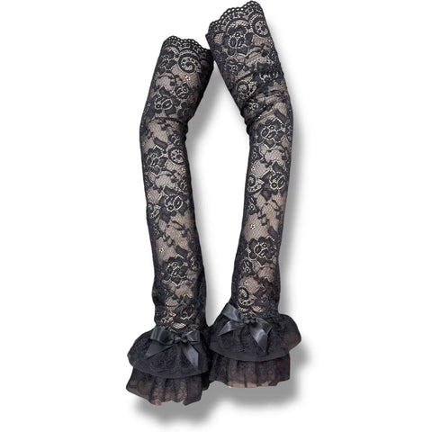 Black Lace Ruffle Arm Covers Extra Long Sleeves in elegant black lace with ruffled edges and ribbons, perfect for a dramatic look.