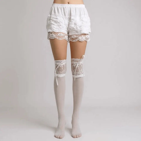 white Lace Ruffle Bloomers Shorts with white knee socks