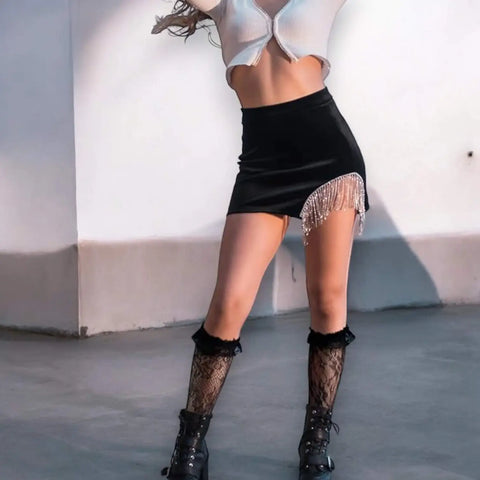 woman wearing black pair of Lace Ruffle Knee High Stocking Socks osfm