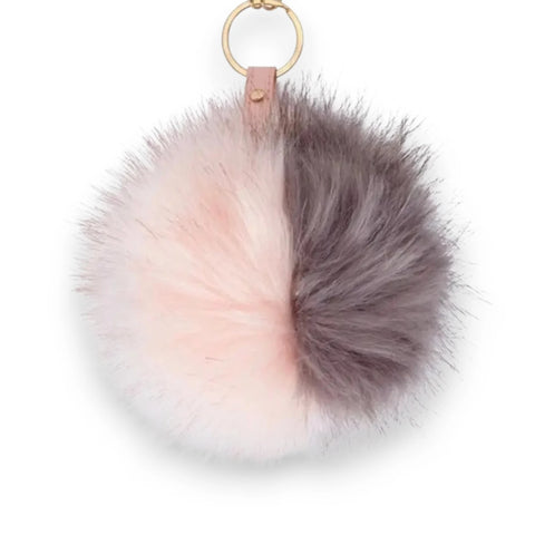 Large Furry Two-Tone Pom Pom Handbag Charm with pink gray faux fur and gold clasp one size