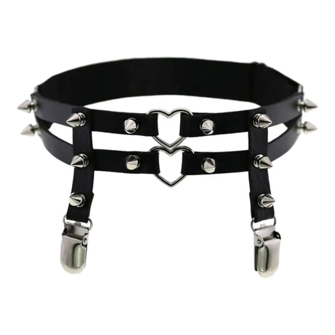 women’s black double heart spiked thigh garter belt with clips white background