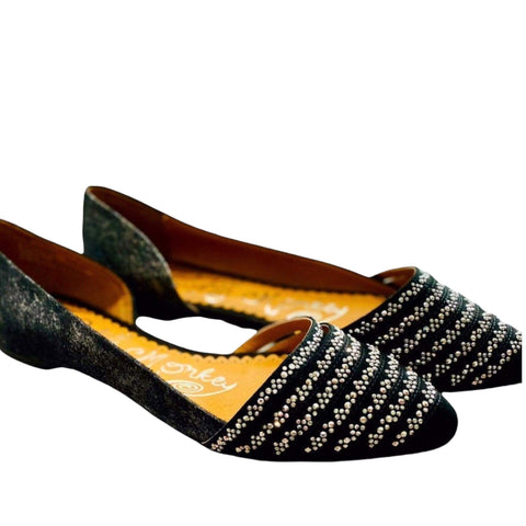 leather fur sparkling open side pointed toe flats with rhinestone toe cap in black d’orsay slip on