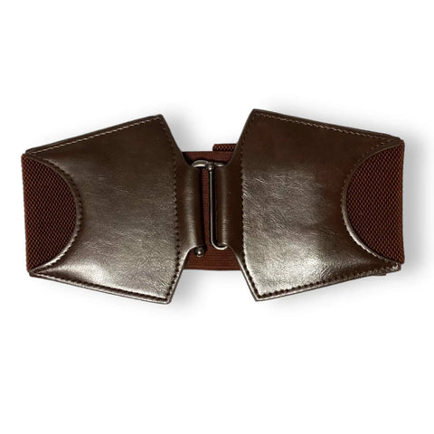 Close-up of metal slider buckle detail on leather corset belt