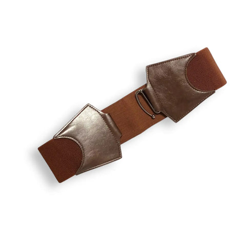 Back view of brown corset belt showing stretch spandex panel