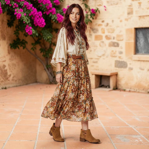 woman lifestyle image wearing Western Brown Suede Leather Ankle Boots with contrast gore panels and patterned stacked heel 8.5