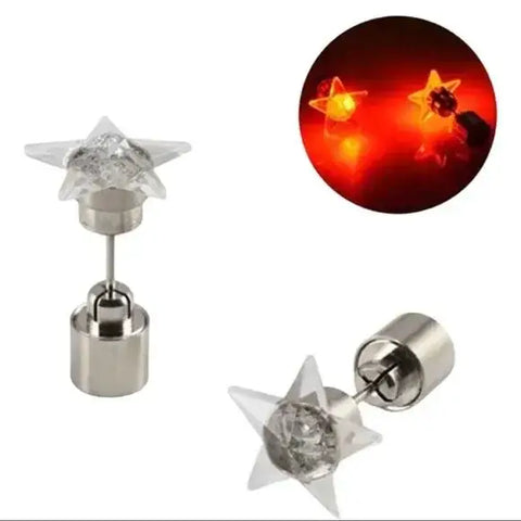 Red LED light up star stud earrings glowing in solid and flashing modes, festival-ready unisex jewelry.
