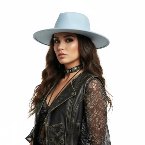 wide brim felt fedora hat with tall teardrop pinched crown and structured 3.5-inch brim
