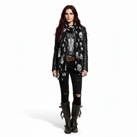 Lightweight long skull print scarf in black and white with allover pattern and multi-way wrap styling