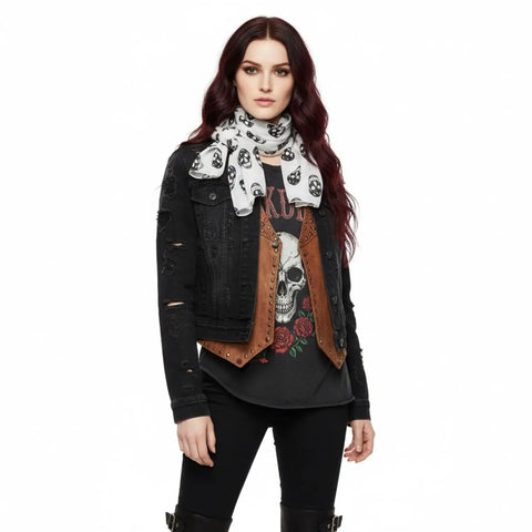 Lightweight long skull print scarf in black and white with allover pattern and multi-way wrap styling