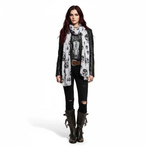 Lightweight long skull print scarf in black and white with allover pattern and multi-way wrap styling
