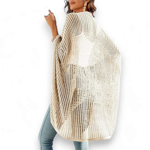 Lightweight crochet open front cardigan with hollow-out knit, batwing sleeves, and relaxed fit in black or beige — boho Y2K layering piece.