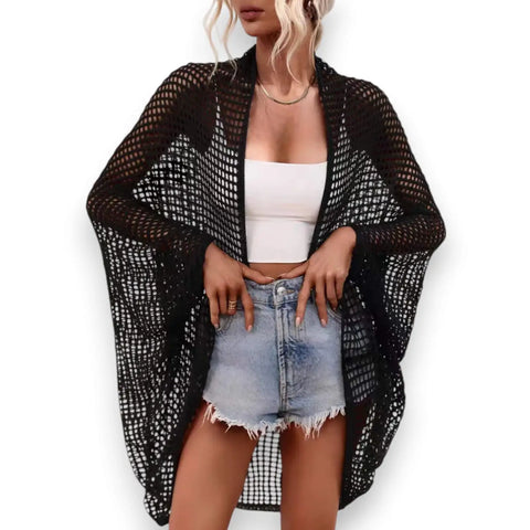 Lightweight crochet open front cardigan with hollow-out knit, batwing sleeves, and relaxed fit in black or beige — boho Y2K layering piece.