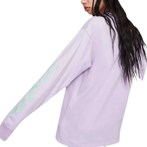 Lilac Long Sleeve Neon Graphic T-Shirt with green tribal flame print and relaxed streetwear fit