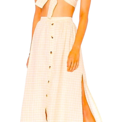 Women's Faithfull Brand Linen Gingham Midi Skirt in White and Yellow - Medium 