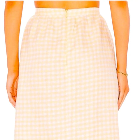 Women's Faithfull Brand Linen Gingham Midi Skirt in White and Yellow - Medium 