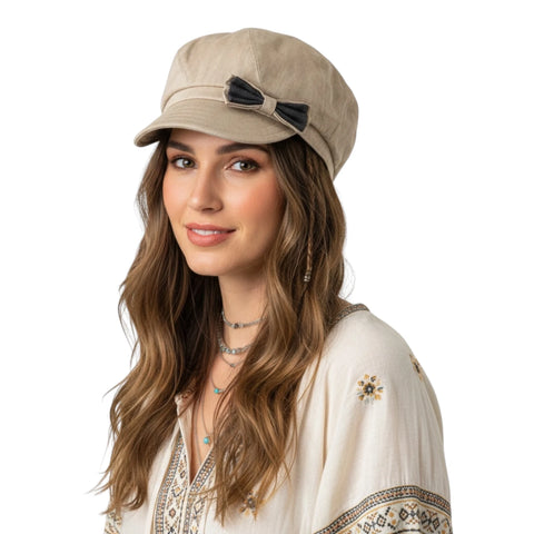 model wearing a tan Linen Newsboy Cap with Bow / women's / one size