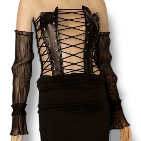 Long Arm Cover Ruffle Cuff Sleeves displayed on a mannequin with pleated mesh design and ruffled cuffs.