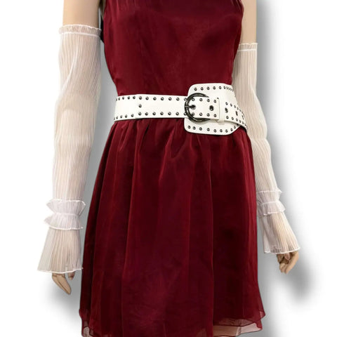 Model wearing Long Arm Cover Ruffle Cuff Sleeves with a red dress and white studded belt.