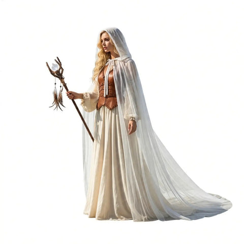 Long Double Layer Hooded Cape Halloween Cloak white high-drama renaissance fairy, ghost, or phantom