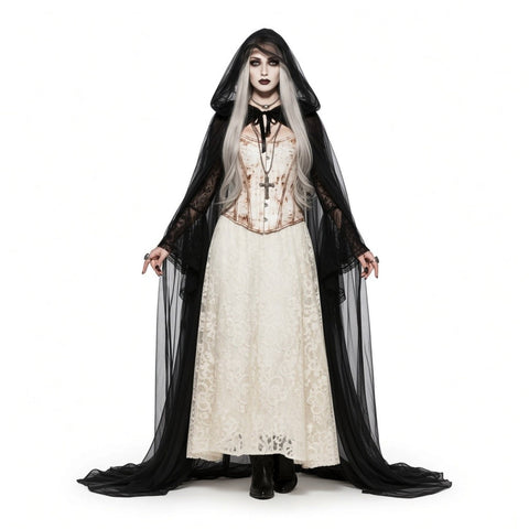 Long Double Layer Hooded Cape Halloween Cloak black vampire bride,  hunter, or gothic festival