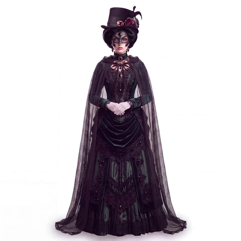 Long Double Layer Hooded Cape Halloween Cloak black high-drama Victorian outlaw