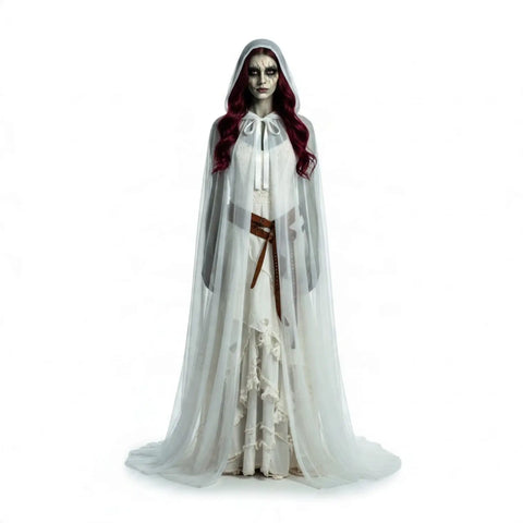 Long Double Layer Hooded Cape Halloween Cloak white high-drama corpse bridal or gothic festival