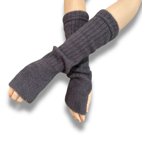Long fuzzy rib knit arm warmers fingerless gloves with thumb holes in brown or dark gray worn scrunched or elbow length for cozy winter styling