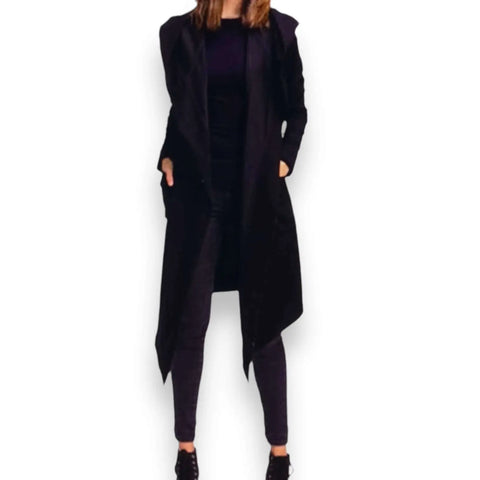 Long hooded cloak cardigan jacket with oversized hood, open front longline silhouette, fleece lining and front drop pockets in black or dark green, unisex sizes 2XL and 3XL
