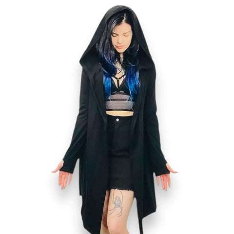 Long hooded cloak cardigan jacket with oversized hood, open front longline silhouette, fleece lining and front drop pockets in black or dark green, unisex sizes 2XL and 3XL
