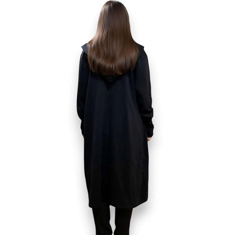 Long hooded cloak cardigan jacket with oversized hood, open front longline silhouette, fleece lining and front drop pockets in black or dark green, unisex sizes 2XL and 3XL