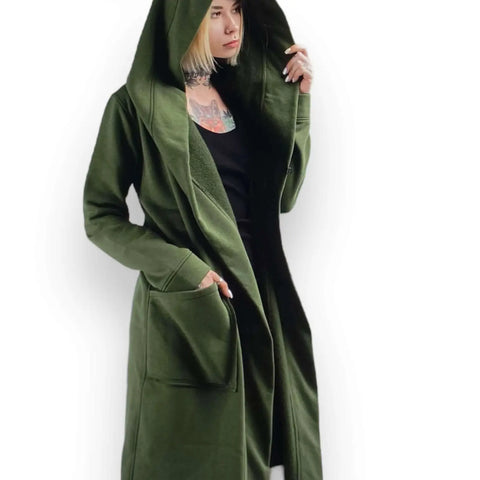 Long hooded cloak cardigan jacket with oversized hood, open front longline silhouette, fleece lining and front drop pockets in black or dark green, unisex sizes 2XL and 3XL
