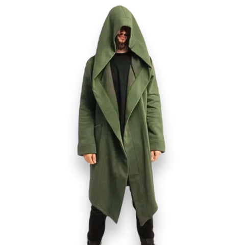 Long hooded cloak cardigan jacket with oversized hood, open front longline silhouette, fleece lining and front drop pockets in black or dark green, unisex sizes 2XL and 3XL
