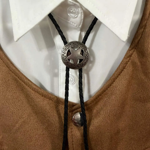 long lone star bolo tie with engraved antique star pendant on black braided faux leather rope western unisex necktie