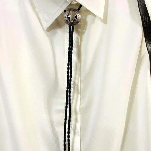 long lone star bolo tie with engraved antique star pendant on black braided faux leather rope western unisex necktie