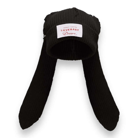 Long Rabbit Ear Crochet Winter Beanie Cap black one size patch logo