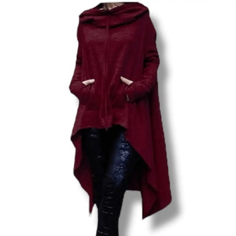 Long Sleeve Asymmetrical Lounge Hoodie - Long Sleeve Asymmetrical Hoodie / dark red / Large - Hoodie Jackets