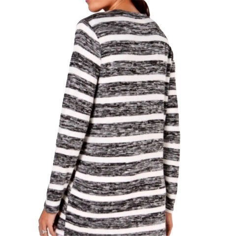 Long sleeve striped mid length cardigan marbled black and white open front lightweight knit