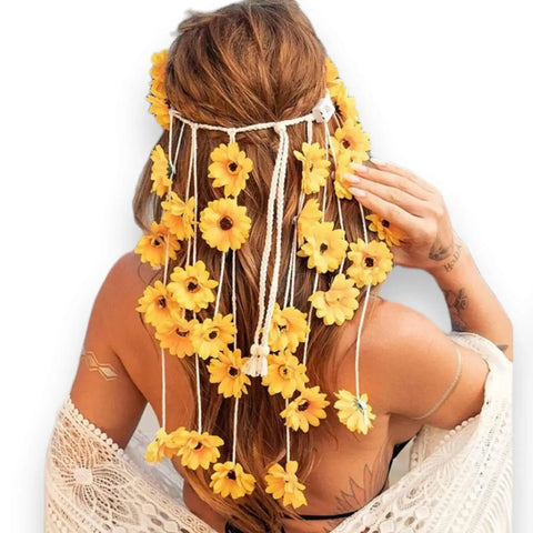 Long Sunflower Headband Hair Band back view  wearing orange floral headband flower child hairband
