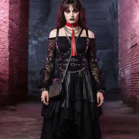 Long Tassel Wide Buckle Choker silver hardware hot pink or red faux leather with silver hardware and fringe tassel