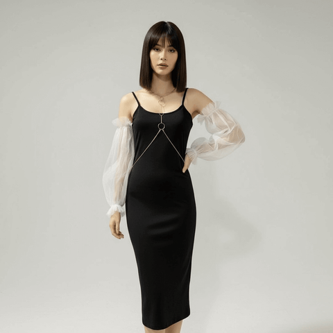 Long Tulle Puff Arm Covers Sleeve in black or white sheer mesh with ruffled elastic openings and detachable fit model wearing