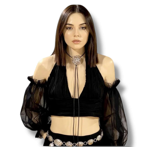 Long Tulle Puff Arm Covers Sleeve in black or white sheer mesh with ruffled elastic openings and detachable fit model wearing