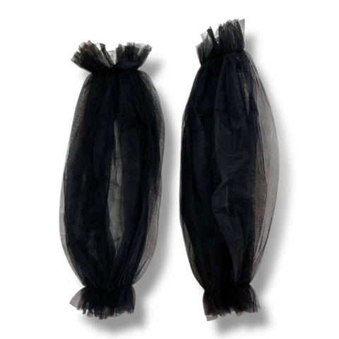 Long Tulle Puff Arm Covers Sleeve in black or white sheer mesh with ruffled elastic openings and detachable fit flat lay