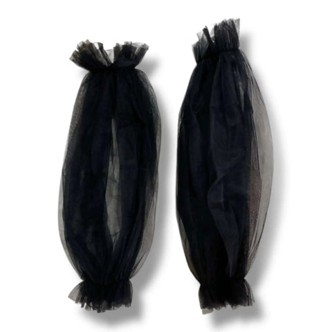 Long Tulle Puffy Sleeve Arm Covers in black or white sheer mesh with ruffled elastic openings and detachable fit flat lay
