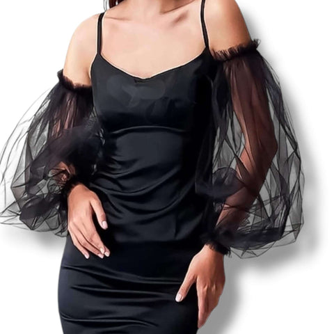Long Tulle Puff Arm Covers Sleeve in black or white sheer mesh with ruffled elastic openings and detachable fit model wearing
