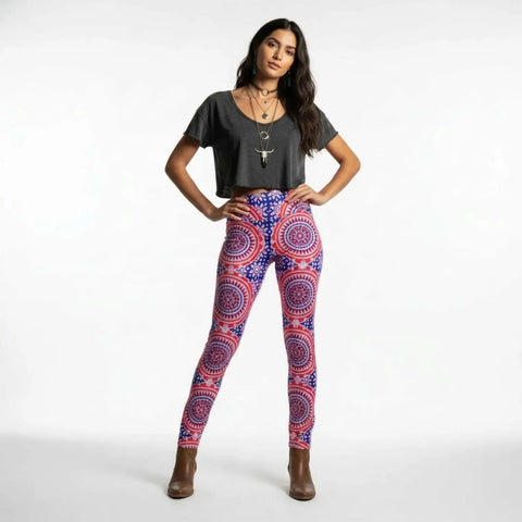 Mandala Pink Blue Fitted Pants with colorful geometric floral print, wide high-rise waistband and straight legs front view