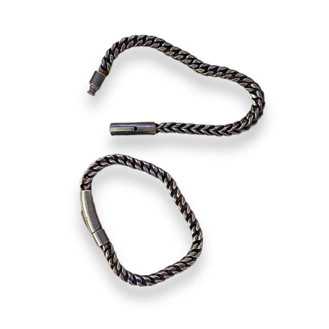 Men's Black Metal Rope Moto Bangle featuring a twisted rope chain design in stainless steel.