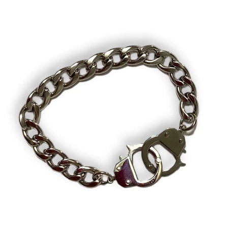 Men's Silver Chunky Handcuffs Bracelet showcasing stainless steel handcuff clasps and curb-link design.
